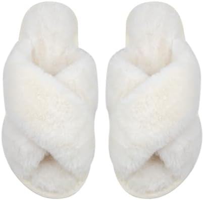 Women's Fluffy Cross Band House Slippers Fuzzy Open Toe Slippers Slip-on Cosy Plush