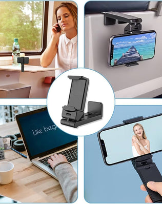 Problems Solved airplane in flight phone holder with 360° rotating clamp, universal adjustable mount for secure device attachment.
