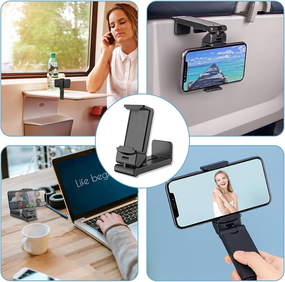 Problems Solved airplane in flight phone holder with 360° rotating clamp, universal adjustable mount for secure device attachment.