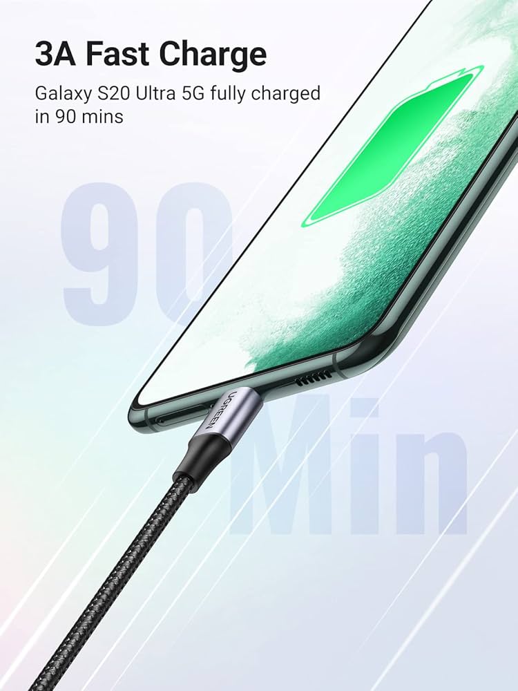 UGREEN USB A to USB C charging cable for fast charging, with a black connector and cable, designed for efficient device connection.