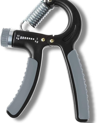 Problems Solved adjustable hand grip strengthener with dial for forearm and wrist training, showing the grip and weight settings.