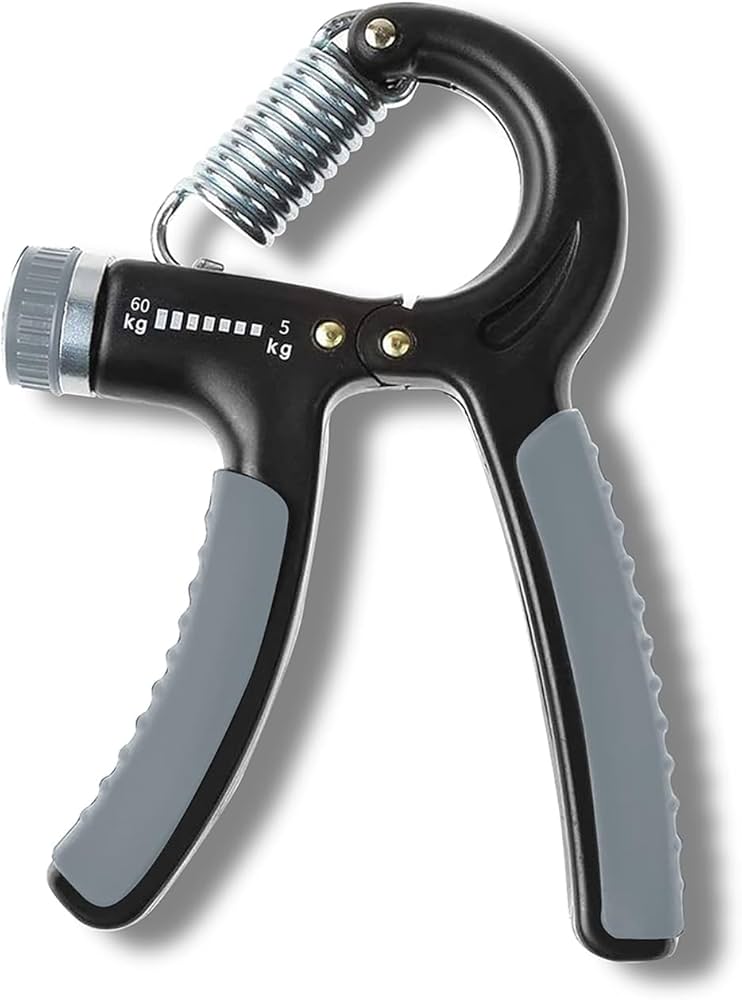 Problems Solved adjustable hand grip strengthener with dial for forearm and wrist training, showing the grip and weight settings.