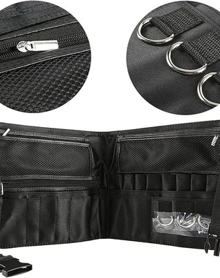 Problems Solved makeup brush cosmetic bag with organized compartments for artists and makeup enthusiasts, showcasing its sleek design.