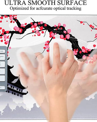 Problems Solved XXL gaming mouse pad with Japanese cherry blossom design, large white game pad for smooth mouse movement.