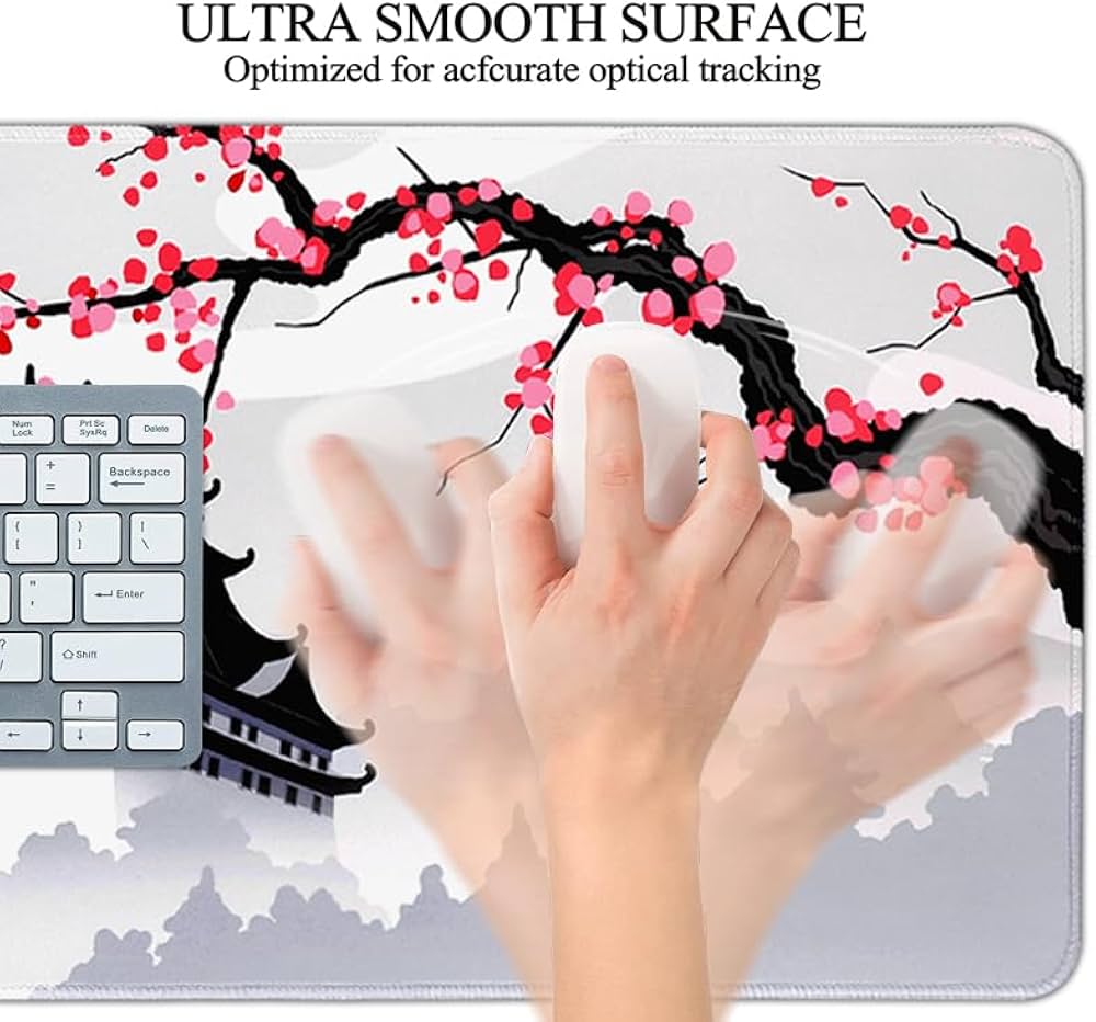 Problems Solved XXL gaming mouse pad with Japanese cherry blossom design, large white game pad for smooth mouse movement.