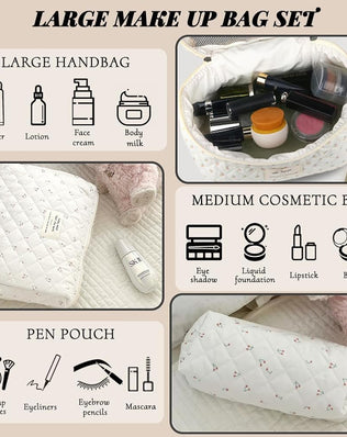 Beauty Case, 3 Pieces Floral Large Capacity Makeup Bag, Quilted Toiletry Bag