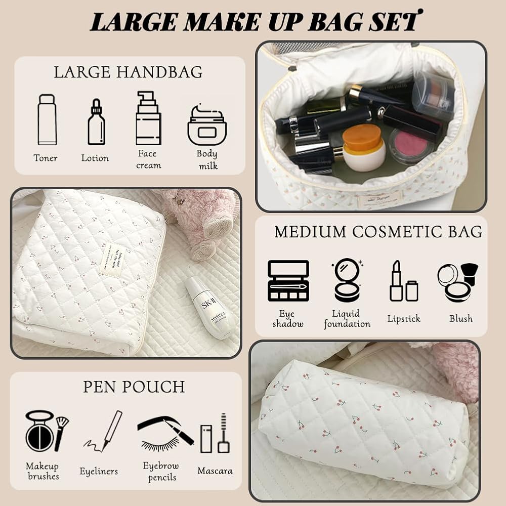 Beauty Case, 3 Pieces Floral Large Capacity Makeup Bag, Quilted Toiletry Bag