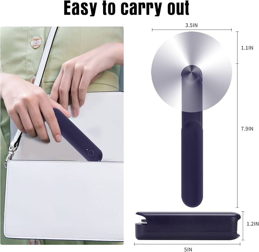 Problems Solved handheld mini fan with three-speed settings, rechargeable battery, quiet operation, and compact design.