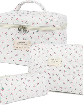 Beauty Case, 3 Pieces Floral Large Capacity Makeup Bag, Quilted Toiletry Bag