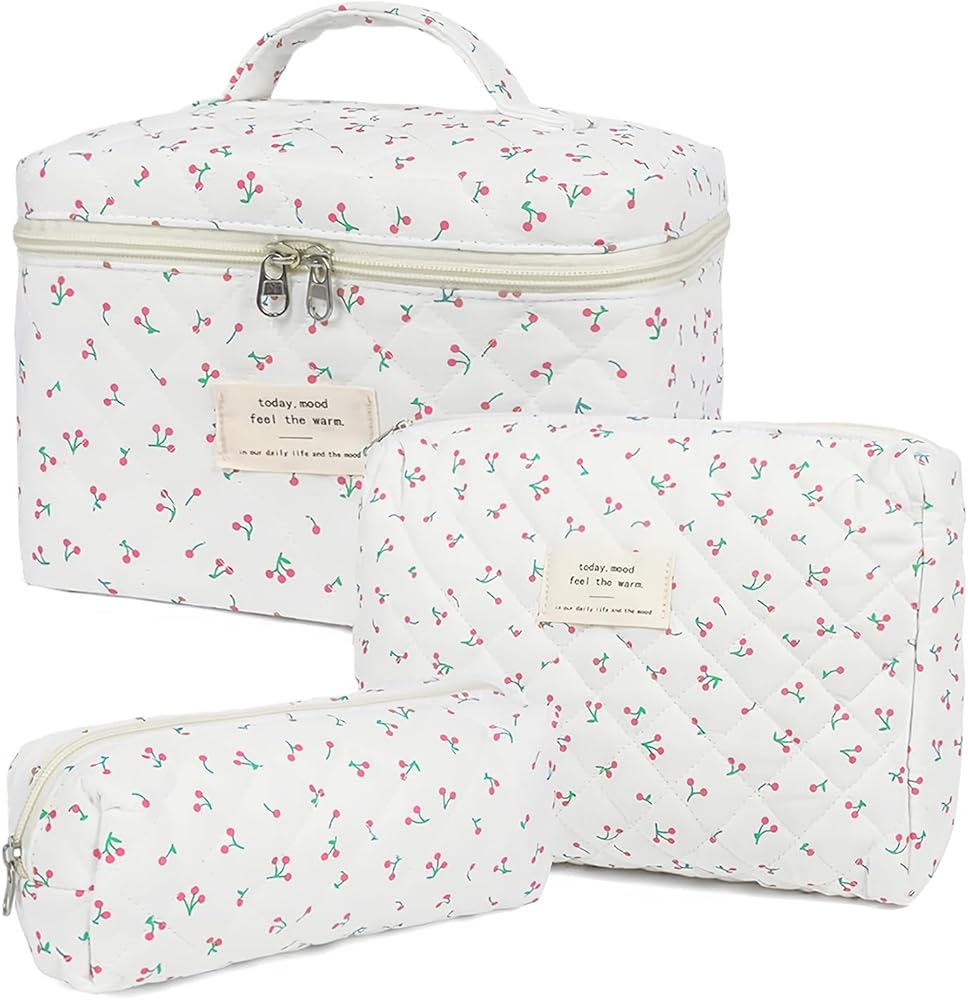 Beauty Case, 3 Pieces Floral Large Capacity Makeup Bag, Quilted Toiletry Bag