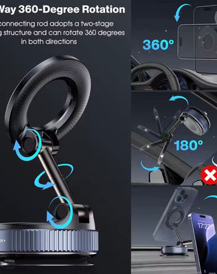 Problems Solved vacuum magnetic car phone holder with upgraded suction cup mount attached to a car dashboard.