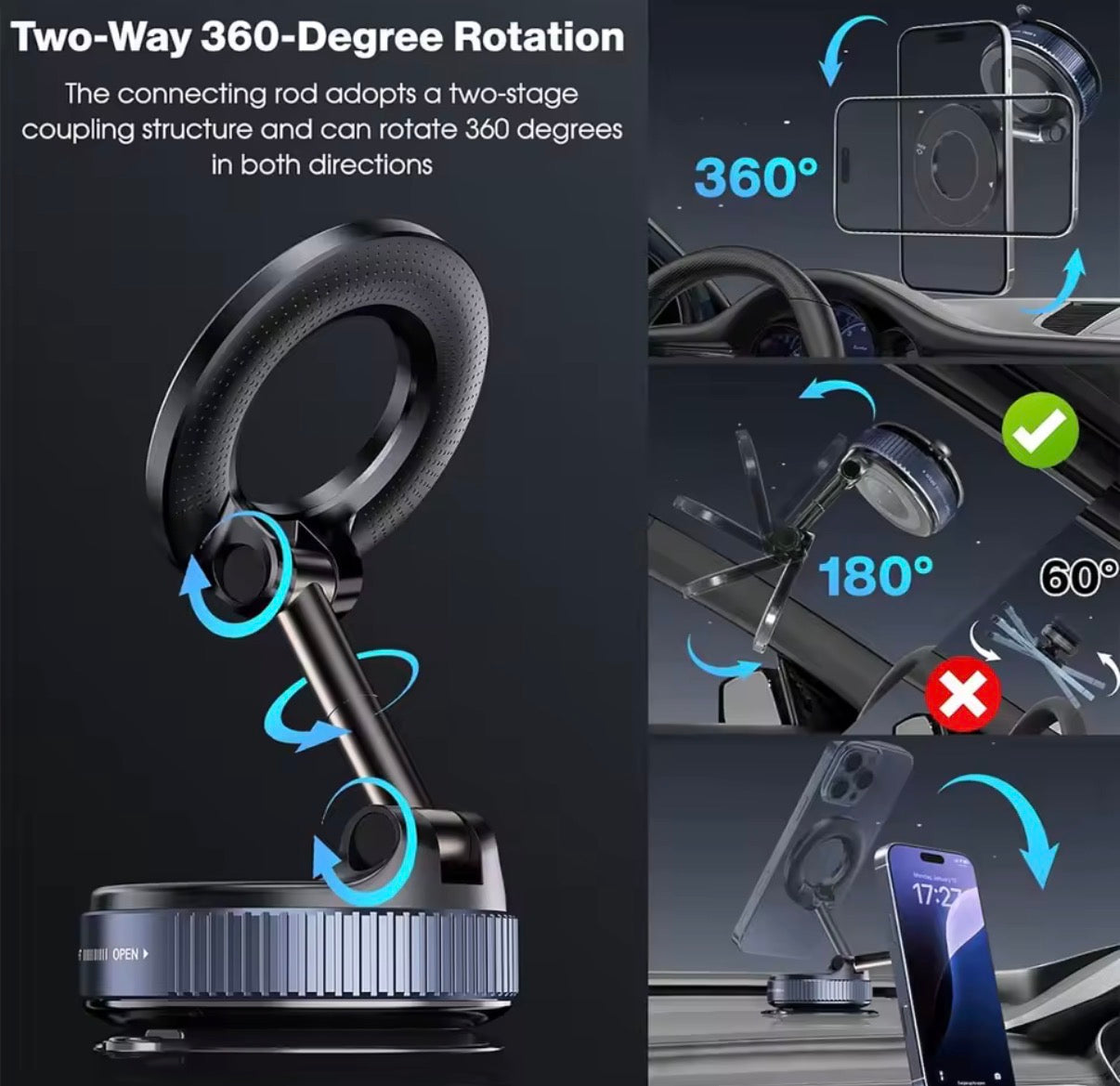 Problems Solved vacuum magnetic car phone holder with upgraded suction cup mount attached to a car dashboard.