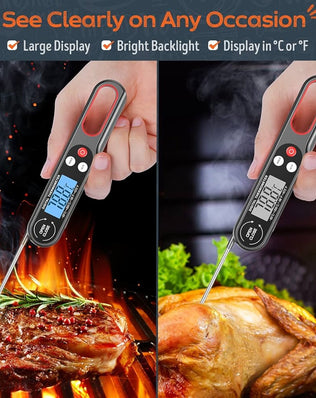 Problems Solved digital meat thermometer with backlight, wireless design, suitable for grilling and air frying, shown with probe in hand.