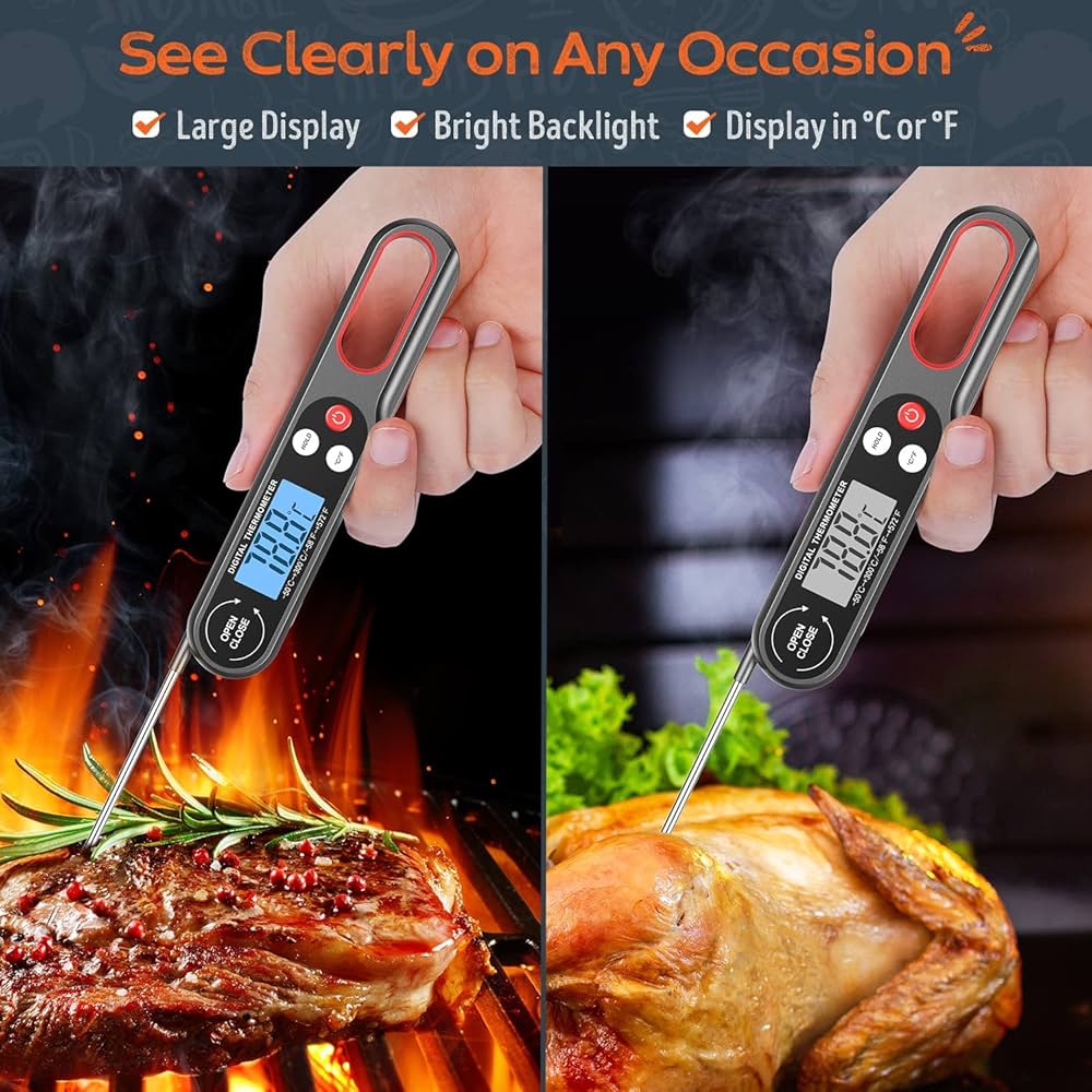 Problems Solved digital meat thermometer with backlight, wireless design, suitable for grilling and air frying, shown with probe in hand.