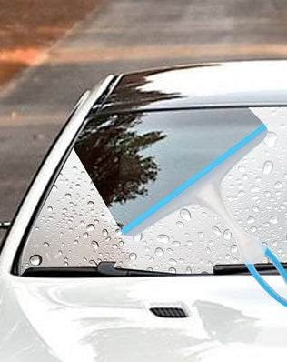 Blue-handle window squeegee with rubber blade for glass cleaning, suitable for baths, kitchens, and cars by Problems Solved.