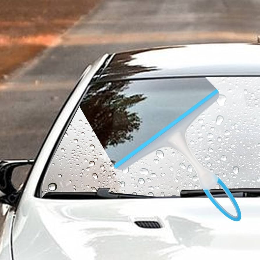 Blue-handle window squeegee with rubber blade for glass cleaning, suitable for baths, kitchens, and cars by Problems Solved.