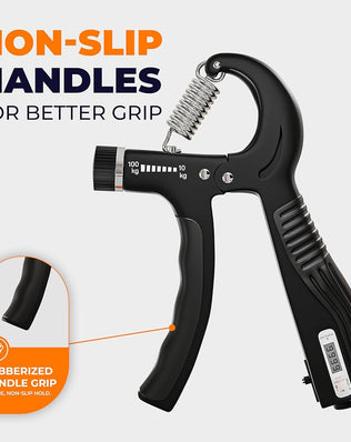 Problems Solved adjustable grip strengthener with 10-100 kg resistance, forearm trainer showing ergonomic grip and weight dial.