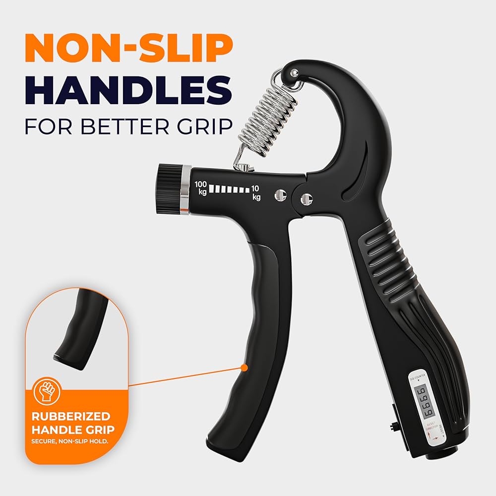 Problems Solved adjustable grip strengthener with 10-100 kg resistance, forearm trainer showing ergonomic grip and weight dial.