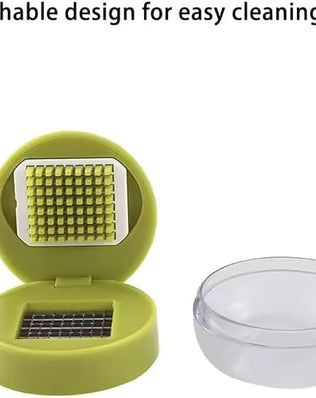 Problems Solved mini garlic chopper and press with container, manual garlic mincer crusher shown on a kitchen countertop.