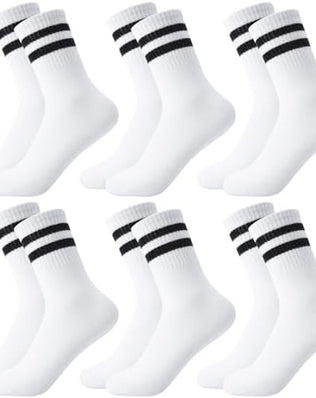Six pairs of Problems Solved men's breathable striped crew socks, athletic and casual sports socks with colorful pattern.