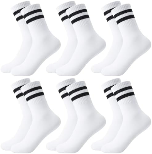 Six pairs of Problems Solved men's breathable striped crew socks, athletic and casual sports socks with colorful pattern.