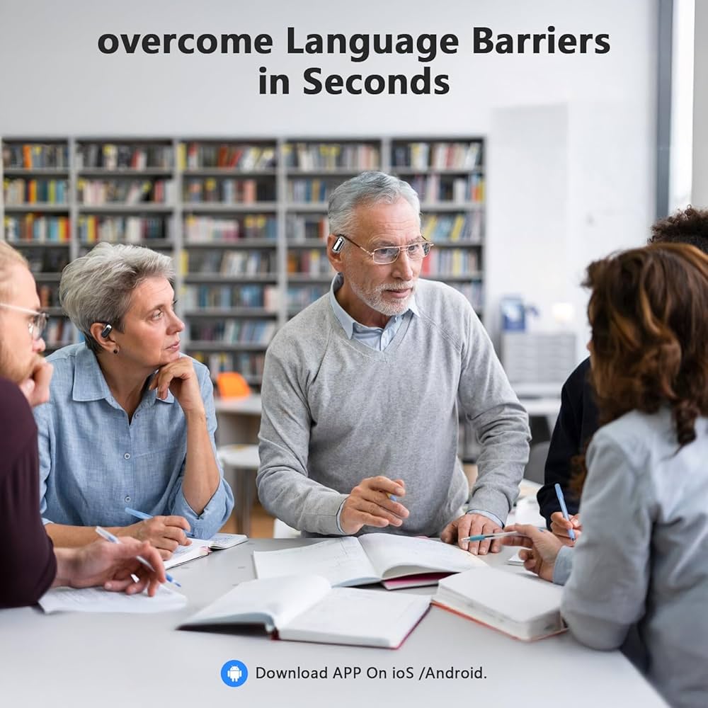 Problems Solved Translation Earbuds with AI, real-time language translator, showing sleek wireless earbuds in use.