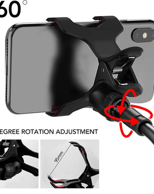 Flexible foldable cell phone and tablet holder with 360-degree clip mount, adjustable arm, by Problems Solved