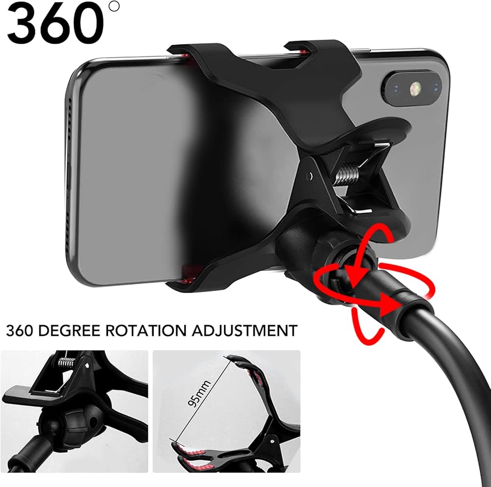 Flexible foldable cell phone and tablet holder with 360-degree clip mount, adjustable arm, by Problems Solved