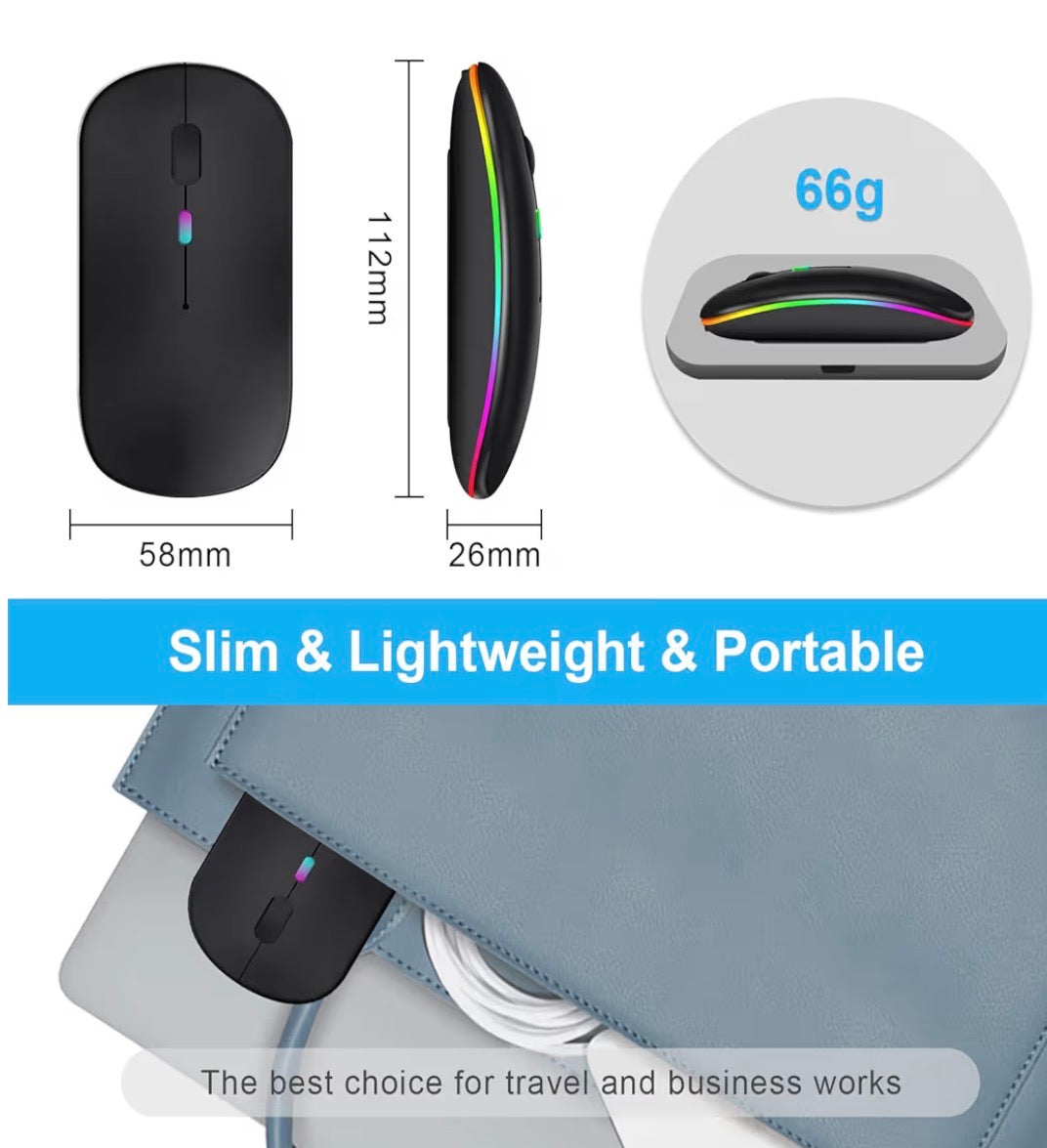 Wireless Bluetooth computer mouse by Problems Solved, rechargeable laptop mouse with 2.4GHz connectivity and ergonomic design.