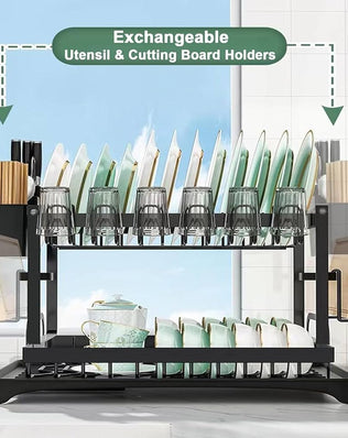 Black stainless steel 2-tier dish drainer with drip tray, Problems Solved dish drying rack for kitchen countertop use.