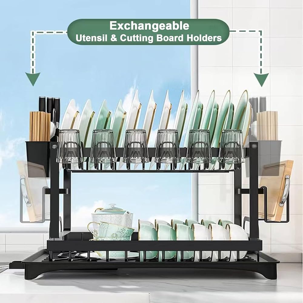 Black stainless steel 2-tier dish drainer with drip tray, Problems Solved dish drying rack for kitchen countertop use.