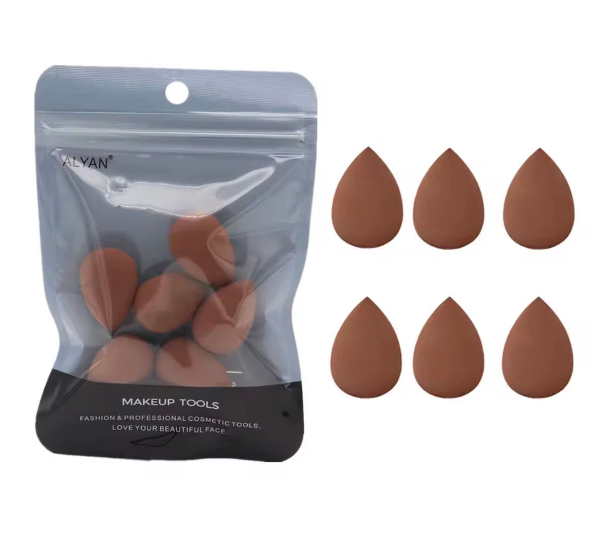 Set of six Problems Solved mini makeup sponges, small beauty blender blenders for foundation and powder application.