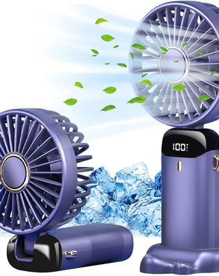 Problems Solved portable handheld USB rechargeable fan with 5 speed settings, compact design, and ergonomic grip