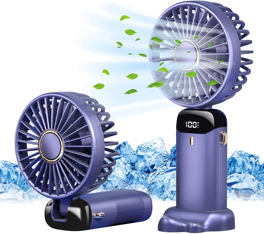 Problems Solved portable handheld USB rechargeable fan with 5 speed settings, compact design, and ergonomic grip