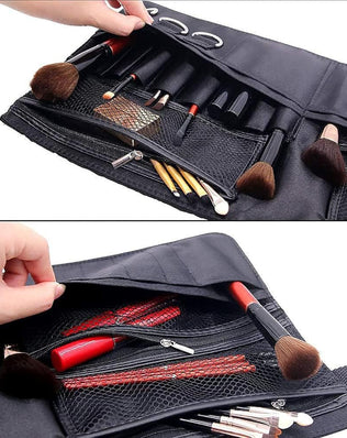 Problems Solved makeup brush cosmetic bag with organized compartments, ideal for artists and makeup enthusiasts.