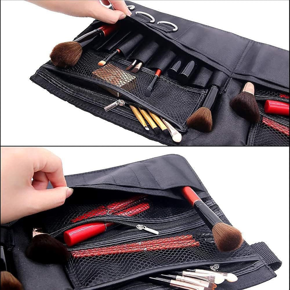 Problems Solved makeup brush cosmetic bag with organized compartments, ideal for artists and makeup enthusiasts.