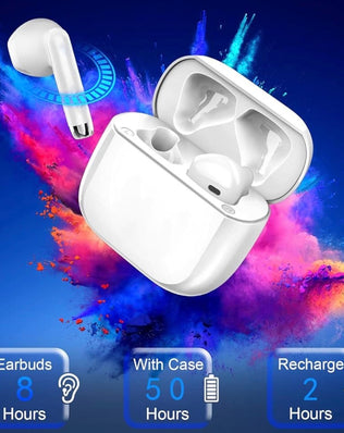 Wireless Bluetooth in-ear headphones by Problems Solved, featuring sleek design and compact earbuds with Bluetooth 5.3 connectivity.
