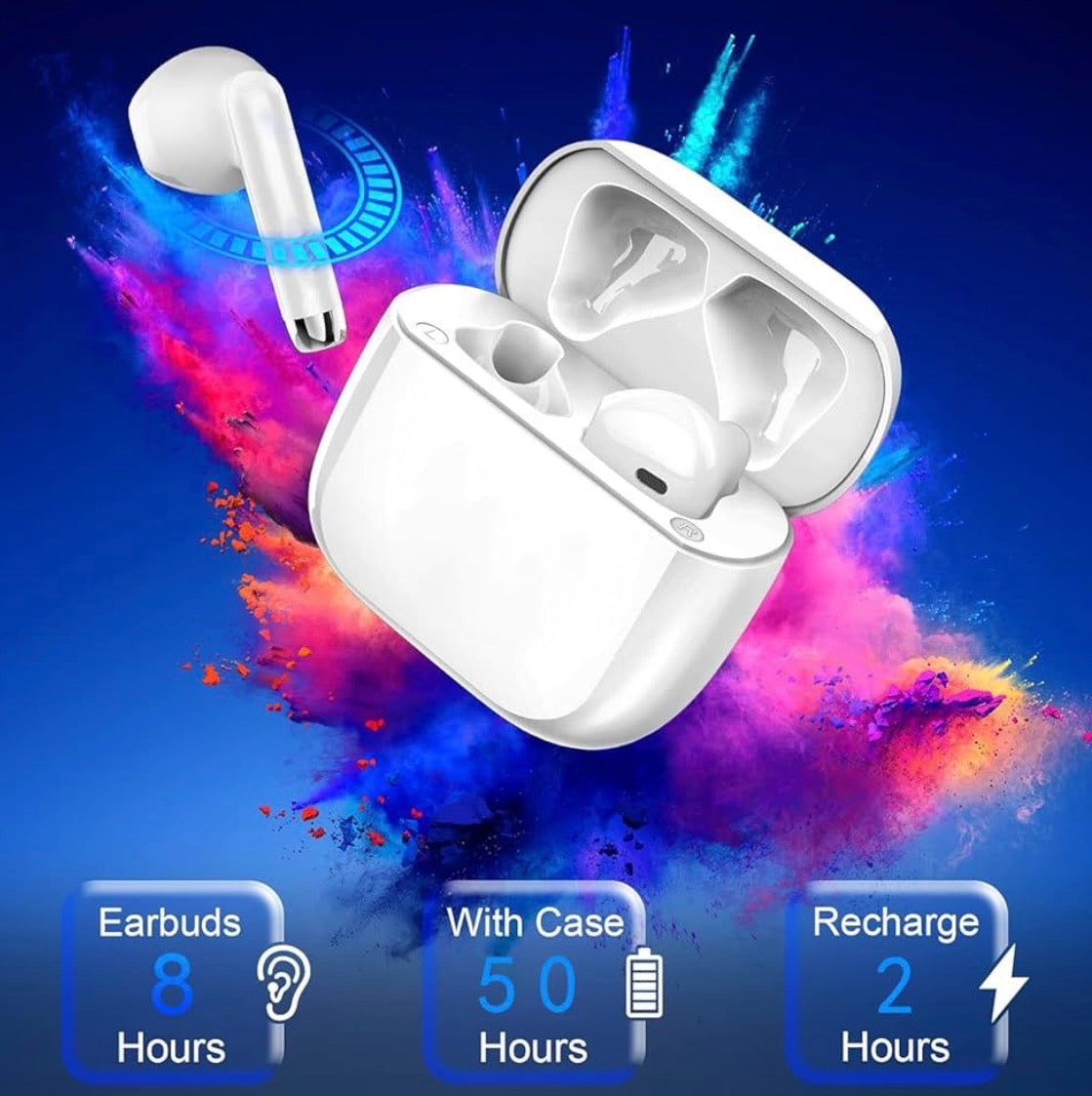 Wireless Bluetooth in-ear headphones by Problems Solved, featuring sleek design and compact earbuds with Bluetooth 5.3 connectivity.