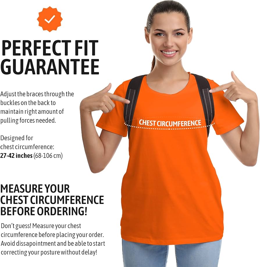 Problems Solved posture corrector for men and women, upper back brace with clavicle support, worn to improve posture and back alignment.