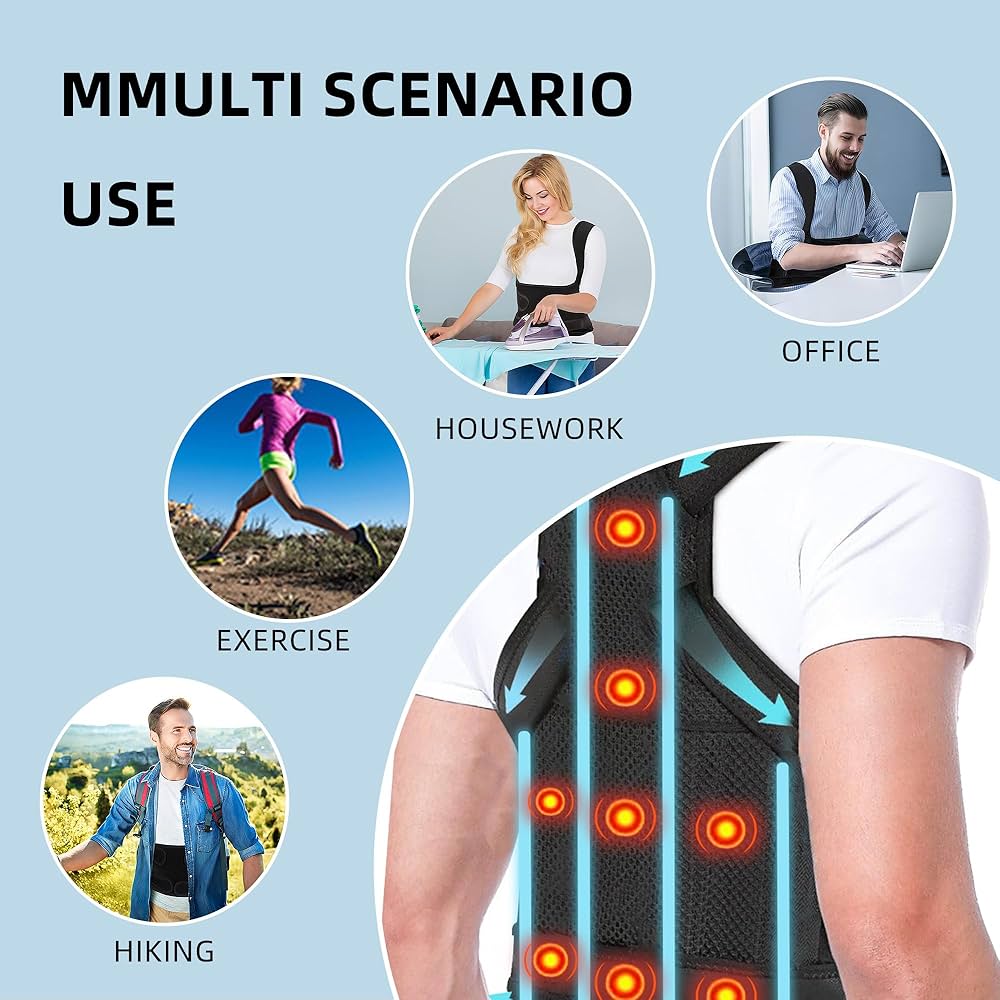 Problems Solved back straightener and posture corrector worn around the back and shoulders for improved posture support.