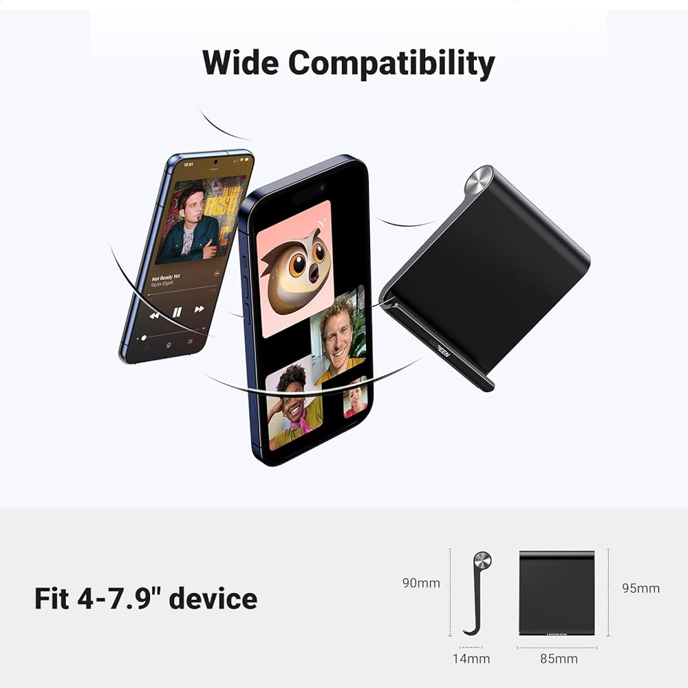 Problems Solved desk phone stand holding an iPhone, adjustable mobile phone holder for workspace or home use.