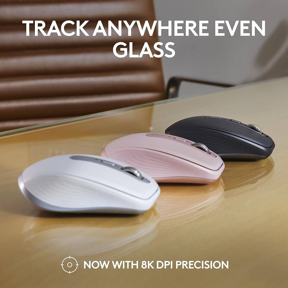 Logitech MX Anywhere 3S compact wireless mouse with fast scrolling and 8K DPI on a sleek workspace.