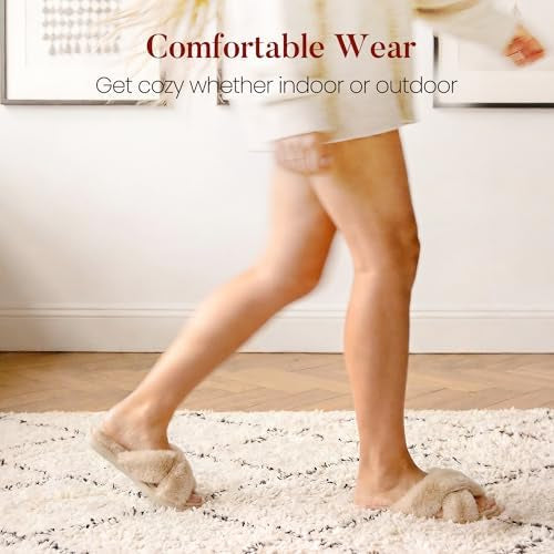 Women Slippers Fluffy Slippers Memory Foam, Cross Band Furry Open Toe Slippers Cozy