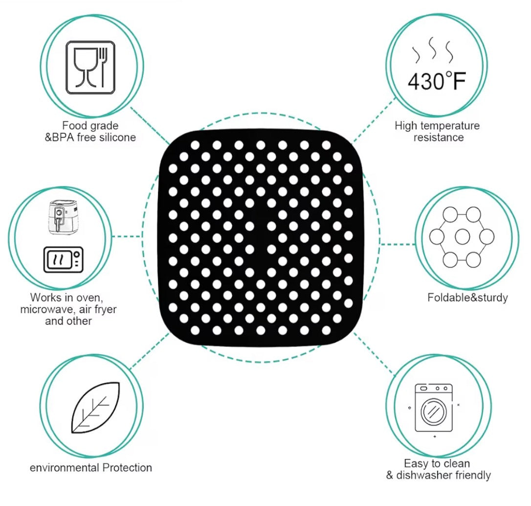 Problems Solved 8.5-inch square silicone air fryer liners, reusable non-stick mats designed for easy cooking cleanup
