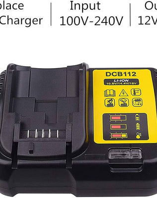 Problems Solved Dewalt 12V-18V lithium-ion fast charger replacement plugged into a power outlet, ready to charge batteries.