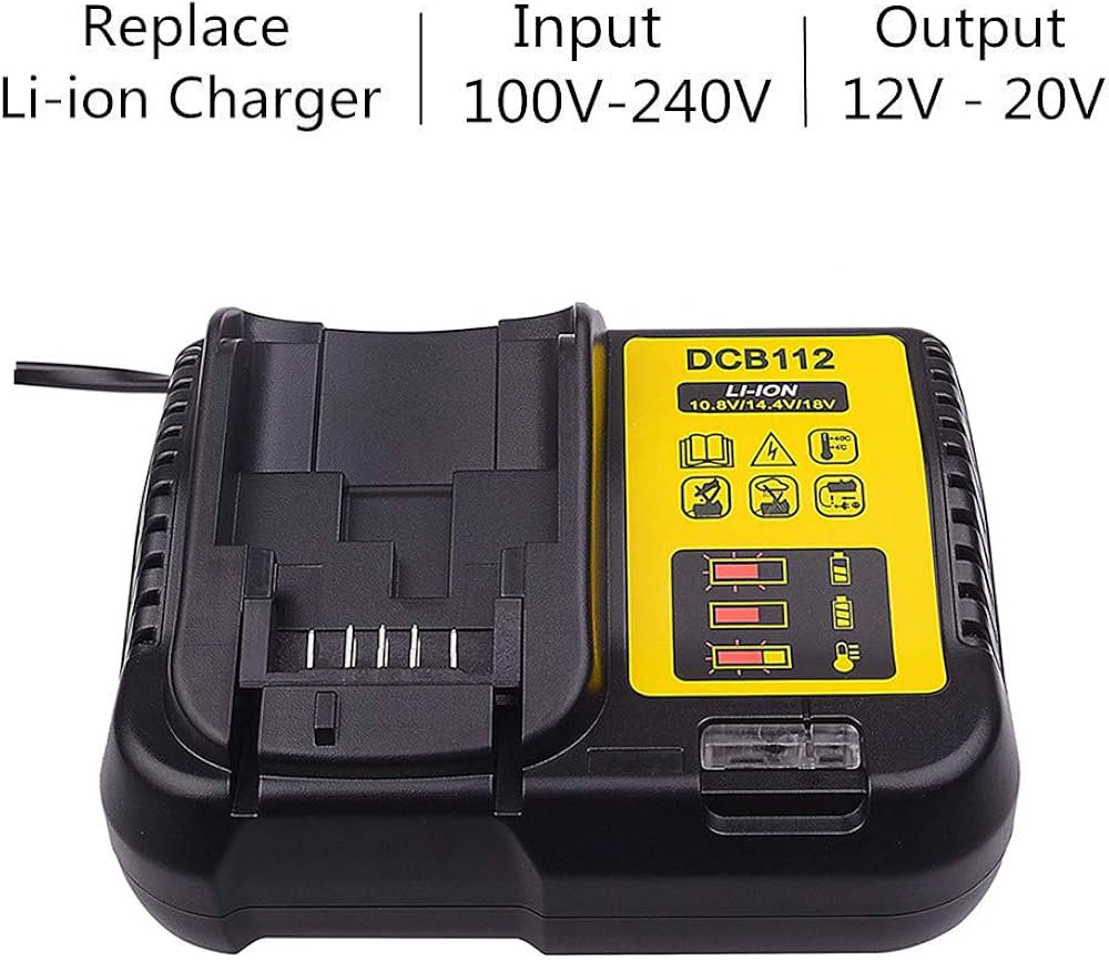 Problems Solved Dewalt 12V-18V lithium-ion fast charger replacement plugged into a power outlet, ready to charge batteries.