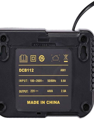 Problems Solved fast charger for Dewalt 12V-18V lithium-ion batteries, featuring a compact design and compatible charging ports.