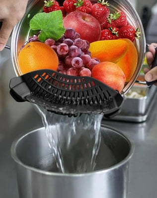 Problems Solved silicone clip-on pot strainer attached to a pot, hands-free pan strainer for draining food easily.