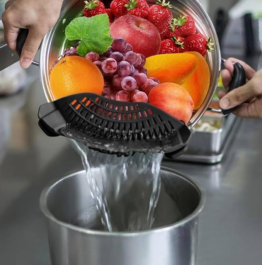Problems Solved silicone clip-on pot strainer attached to a pot, hands-free pan strainer for draining food easily.
