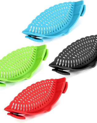 Problems Solved Snap Strainer clip-on silicone strainer for pots and pans, heat-resistant and hands-free kitchen tool.